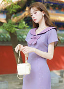 Purple Sailor Bow Midi Qipao Dress | Slim Side-Slit, Retro Sweet