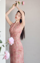 Chinese Style Pink Gradient Halter Cold-Shoulder Qipao Dress