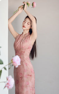Chinese Style Pink Gradient Halter Cold-Shoulder Qipao Dress