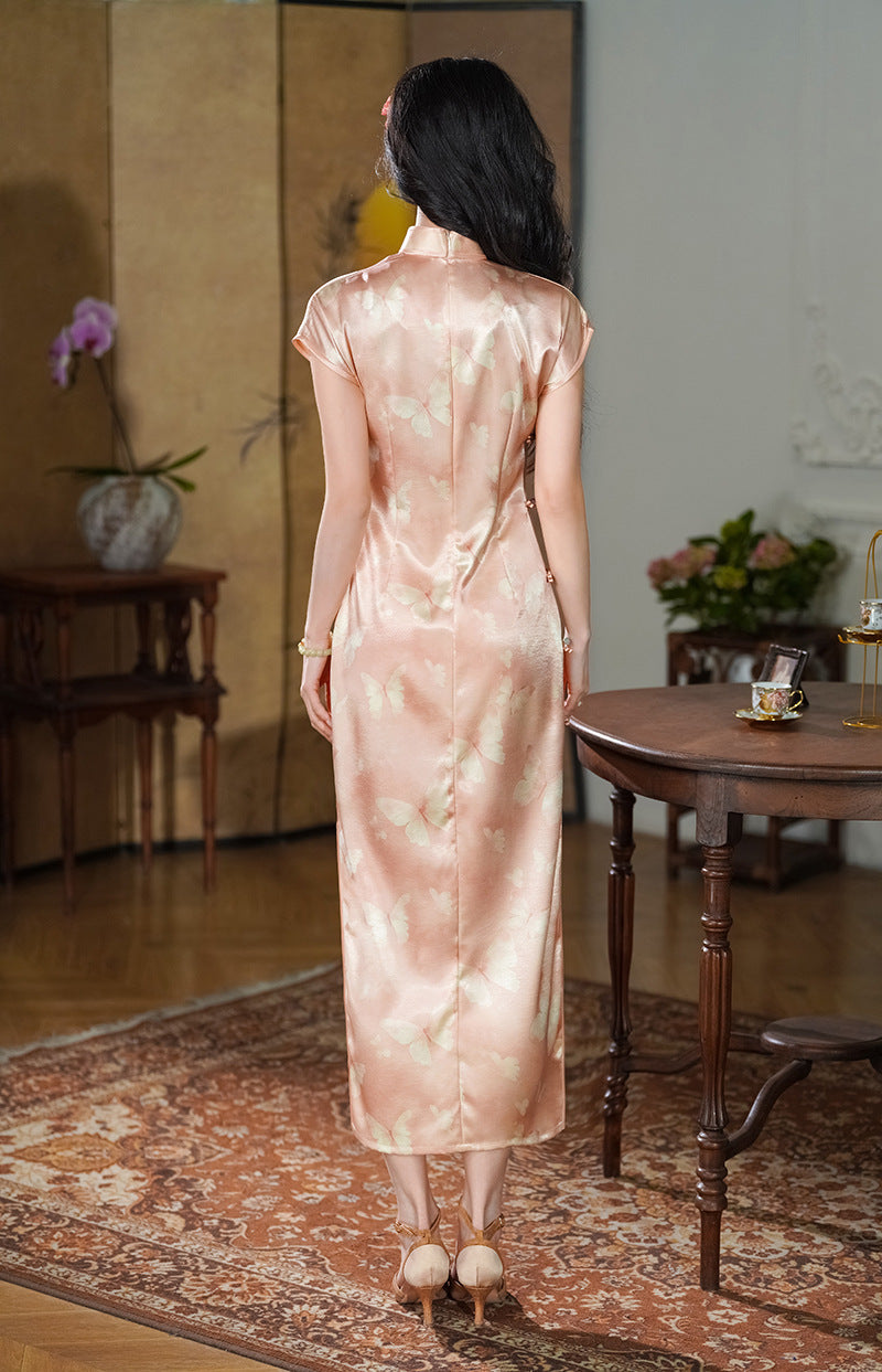 Peach Champagne Butterfly-Jacquard Modern Qipao Midi
