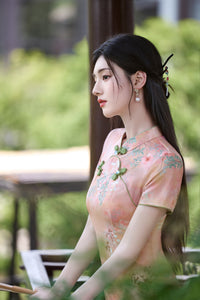 Peach Floral Short Qipao Dress for Women | Green Piping Frog Buttons Mandarin Collar Slim Fit