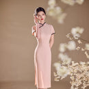 Pink Lace-Trim Qipao Midi Dress | Mandarin Collar Slim Cheongsam with Side Slit