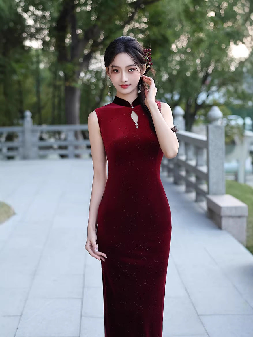 Velvet Sleeveless Qipao Dress | Mandarin Collar Keyhole Slim Cheongsam Midi