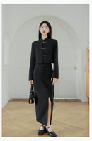Black Modern Tang Suit Set | Mandarin-Collar Jacket & Slit Maxi Skirt for Early Spring
