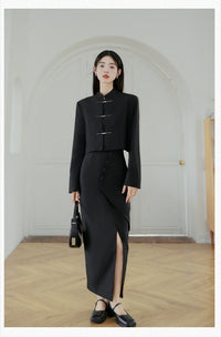 Black Modern Tang Suit Set | Mandarin-Collar Jacket & Slit Maxi Skirt for Early Spring