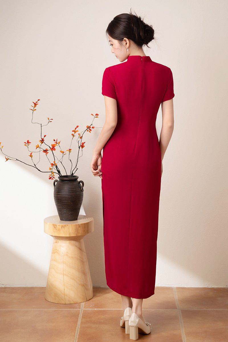 Red Slim Short-Sleeve Long Qipao Dress | Mandarin Collar Frog Button Side Slit Gown