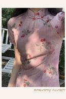 Elegant Pink Cherry Blossom Cheongsam Dress with Delicate Button Detailing