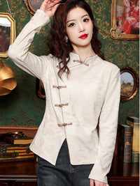 Elegant White Brocade Tang Jacket With Chinese Frog Button Design