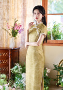 Lemon-Yellow Modern Qipao Midi | Short Sleeves, Mandarin Neck with Diagonal Beaded Frogs