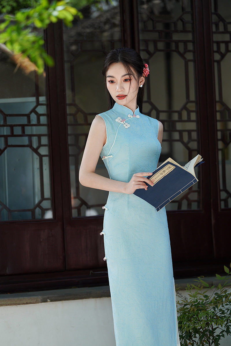 Aqua Jacquard Modern Qipao Maxi | Mandarin Neck with Floral Frog Buttons