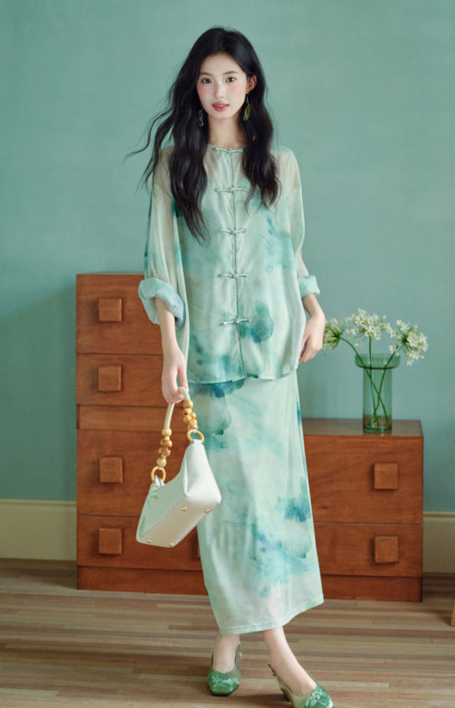 Modern Chinese Ink-Print Two-Piece Set | Sheer Frog-Button Top + Slim Maxi Dress
