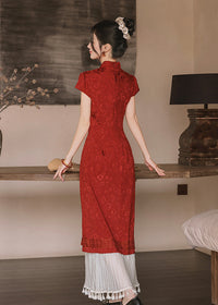 Wine Red Jacquard Mandarin Qipao Dress | A-Line Slim Waist Layered Pleated Tassel Skirt New Chinese Style