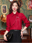 Elegant Chinese-Style Red Blouse With Unique Frog Button Design, Ideal For Traditional Wear