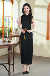 Vintage Black Double-Layer Jacquard Cheongsam Dress | Sleeveless