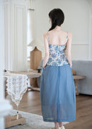Chinese-Style Blue-and-White Camisole Set | Fresh Blue Sheer Midi Skirt
