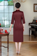 Acetate Stretch Satin Embroidered Qipao Midi | Mandarin Collar