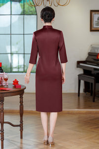 Acetate Stretch Satin Embroidered Qipao Midi | Mandarin Collar