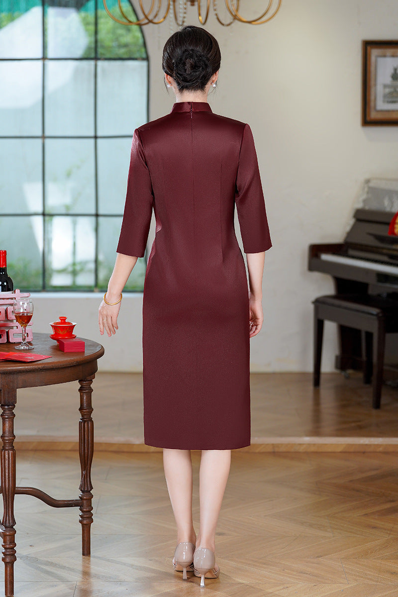 Acetate Stretch Satin Embroidered Qipao Midi | Mandarin Collar