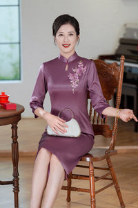 Aubergine Acetate Stretch Satin Embroidered Modern Qipao Midi | Mandarin Collar Keyhole