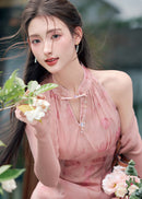 Chinese Style Pink Gradient Halter Cold-Shoulder Qipao Dress