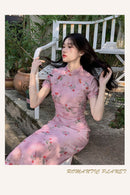Elegant Pink Cherry Blossom Cheongsam Dress with Delicate Button Detailing