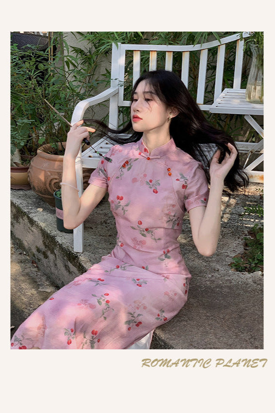 Elegant Pink Cherry Blossom Cheongsam Dress with Delicate Button Detailing