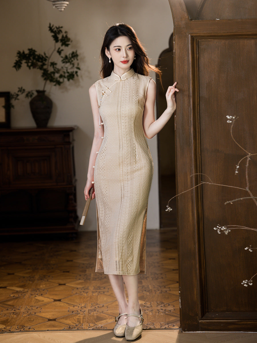 Cream Open-Knit Qipao Dress | Sleeveless Slim Midi