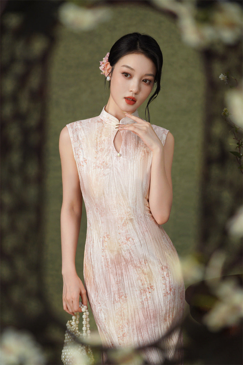 Pink Floral Sleeveless Velvet Qipao Dress | Slim Mandarin Maxi