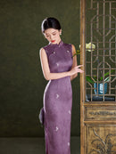 Burgundy Tonal Jacquard Sleeveless Qipao Maxi Dress | Mandarin Collar Slit Cheongsam