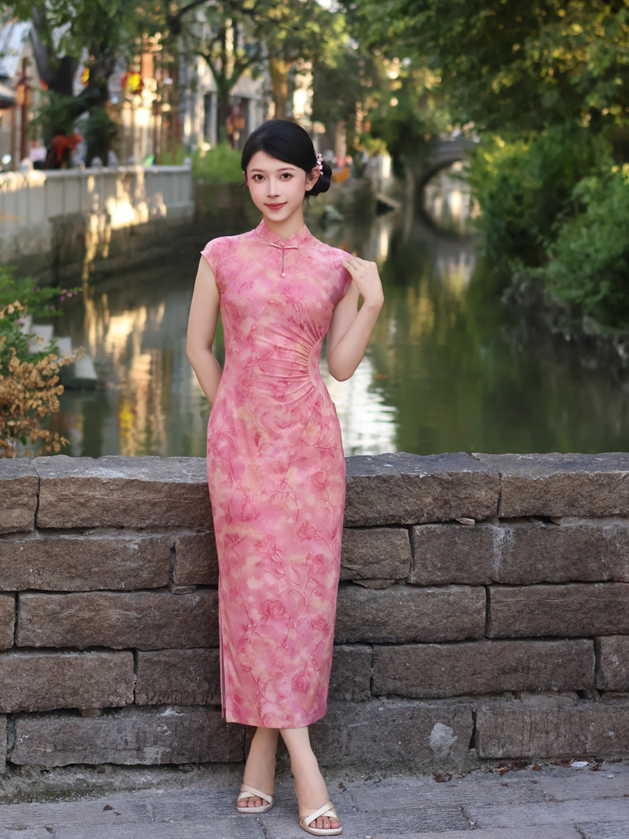 Pink Flocked Floral Print Sleeveless Mandarin Qipao Dress|Slim Mid Cheongsam