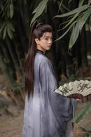 Traditional Chinese Hanfu Men’s Black and Gray Silk Robe with Embroidered Designs and Sword Belt