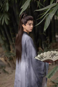 Traditional Chinese Hanfu Men’s Black and Gray Silk Robe with Embroidered Designs and Sword Belt