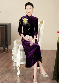 Embroidered Modern Qipao Maxi | Wine Red/Purple/Black | Mandarin Collar 3/4 Sleeves