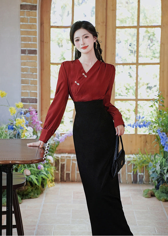 Modern Chinese Two-Piece Set – Red Pleated Top with Frog Buttons | High-Waist Straight Maxi Skirt