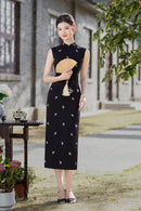 Black Sleeveless Jacquard Qipao | Slim Maxi Side-Slit Vintage-Elegant Gown