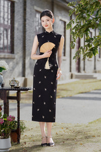 Black Sleeveless Jacquard Qipao | Slim Maxi Side-Slit Vintage-Elegant Gown