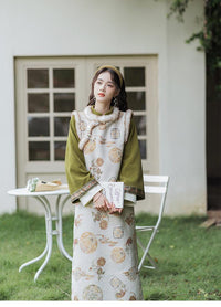 优雅绿色汉服内搭花卉图案背心套装
