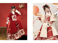 Traditional Red & White Chinese Hanfu with Embroidered Floral Design, Elegant Ancient Chinese Dress for Women