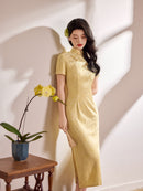 Champagne Pink Tonal Jacquard Short Sleeve Qipao Maxi Dress | Mandarin Collar Slit Cheongsam
