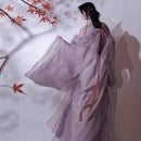 Elegant Pastel Pink Hanfu Dress with Floral Embroidery and Flowing Sleeves