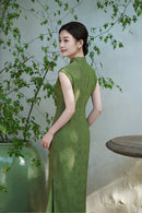 Mint-Green Jacquard Modern Qipao Maxi | Mandarin Neck, Floral Frog Buttons