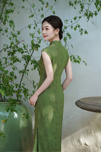 Mint-Green Jacquard Modern Qipao Maxi | Mandarin Neck, Floral Frog Buttons