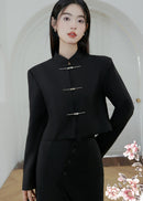 Black Modern Tang Suit Set | Mandarin-Collar Jacket & Slit Maxi Skirt for Early Spring