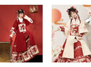 Traditional Red Hanfu Dress with Floral Embroidery and Panda Skirt, Elegant Chinese Costume