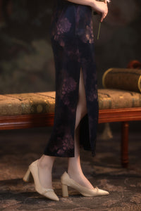 Black Floral Sleeveless Slim Qipao Dress | Mandarin Collar Frog Buttons Bodycon Side Slit Wedding Banquet Gown