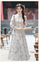 Mist-Grey Ink-Print Modern Hanfu Set | Mandarin-Collar Puff-Sleeve Top & High-Waist Skirt