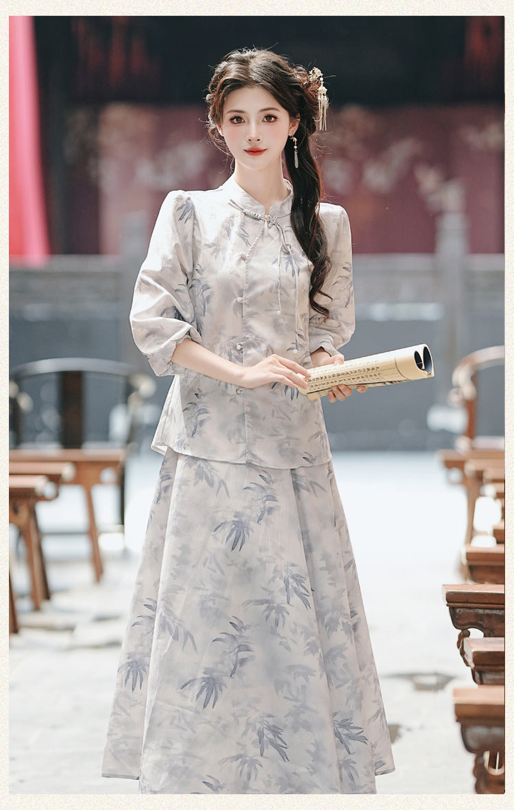 Mist-Grey Ink-Print Modern Hanfu Set | Mandarin-Collar Puff-Sleeve Top & High-Waist Skirt