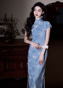 Butterfly Print Modern Qipao Maxi | Mandarin Collar & Frog Buttons