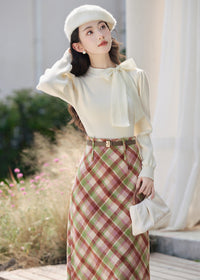 High-Waist Plaid Wool Skirt Set | Two Knit Tops Options