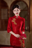 Crimson Bamboo-Embroidered Modern Qipao Midi | Mandarin Collar with Beaded Button